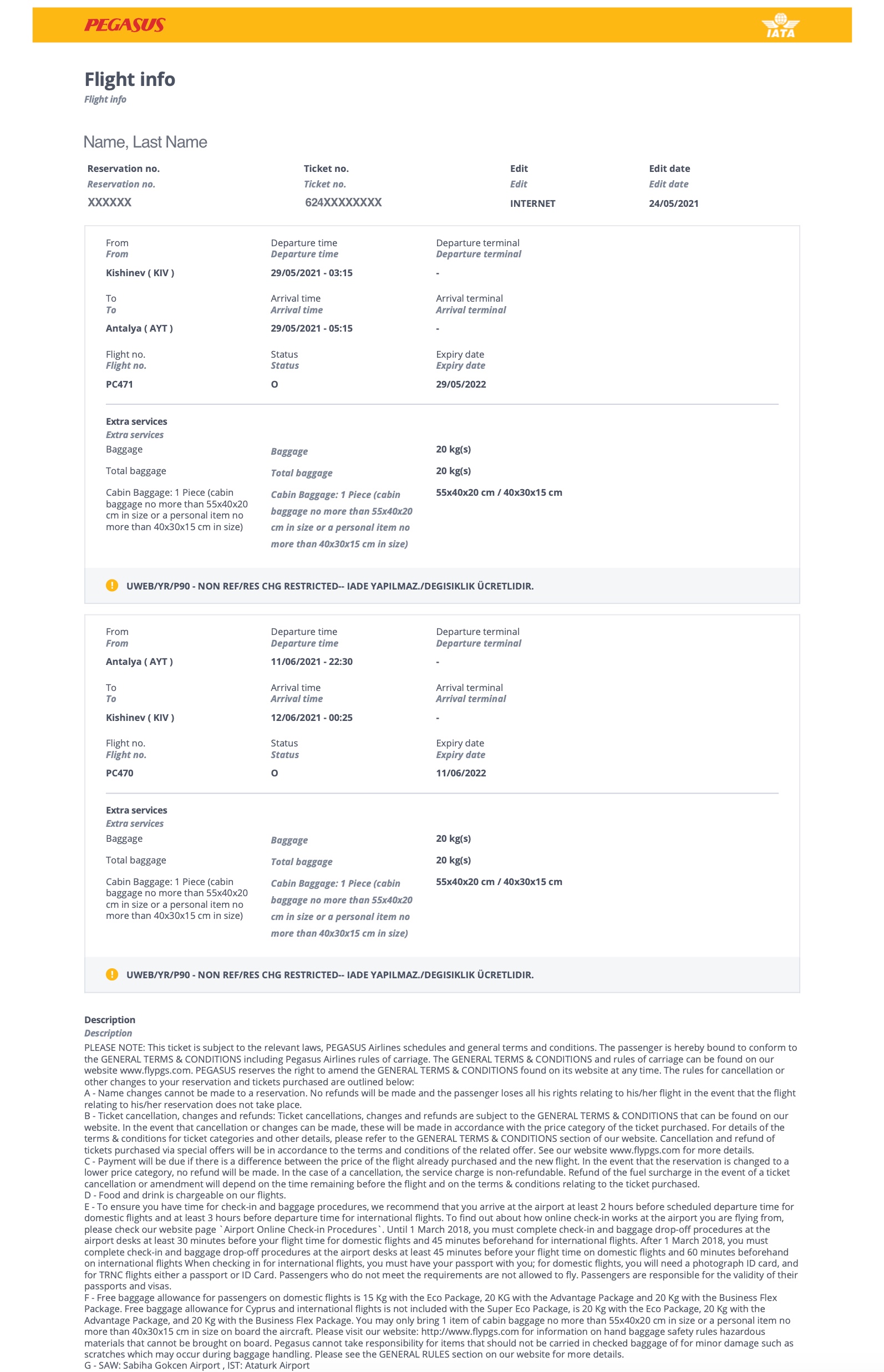 Pegasus Airlines flight ticket sample